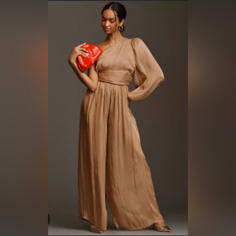 Anthropologie Maeve One Shoulder Metallic Jumpsuit - S Small